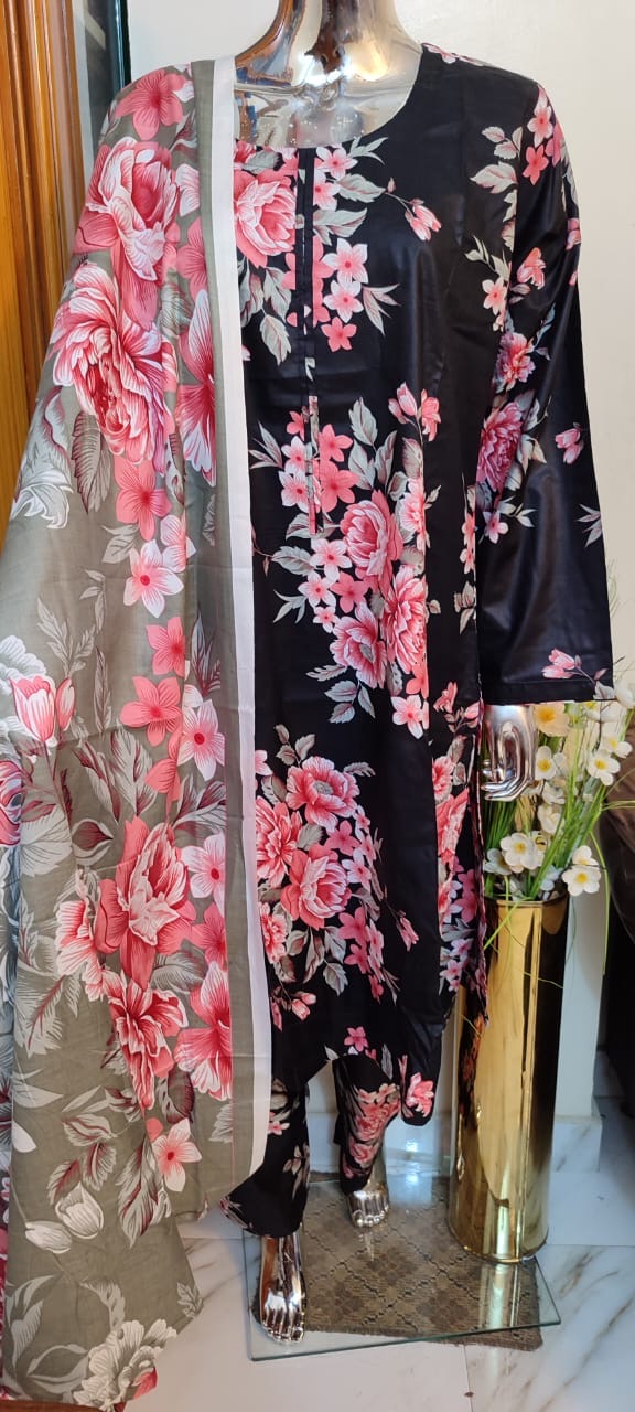 Linen Elegant Black Dusty Rose & Grey Floral Print Stitched 3-Piece Suit - Image 2