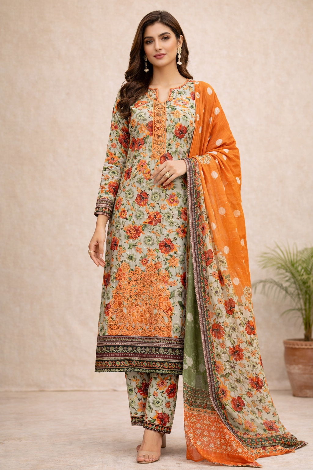 Bin Saeed Original 3-Piece Chickenkari Cotton Unstitched Suit (Floral Print with Embroidered Neckline)
