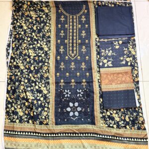 midnight navy & golden floral printed unstitched 3 piece