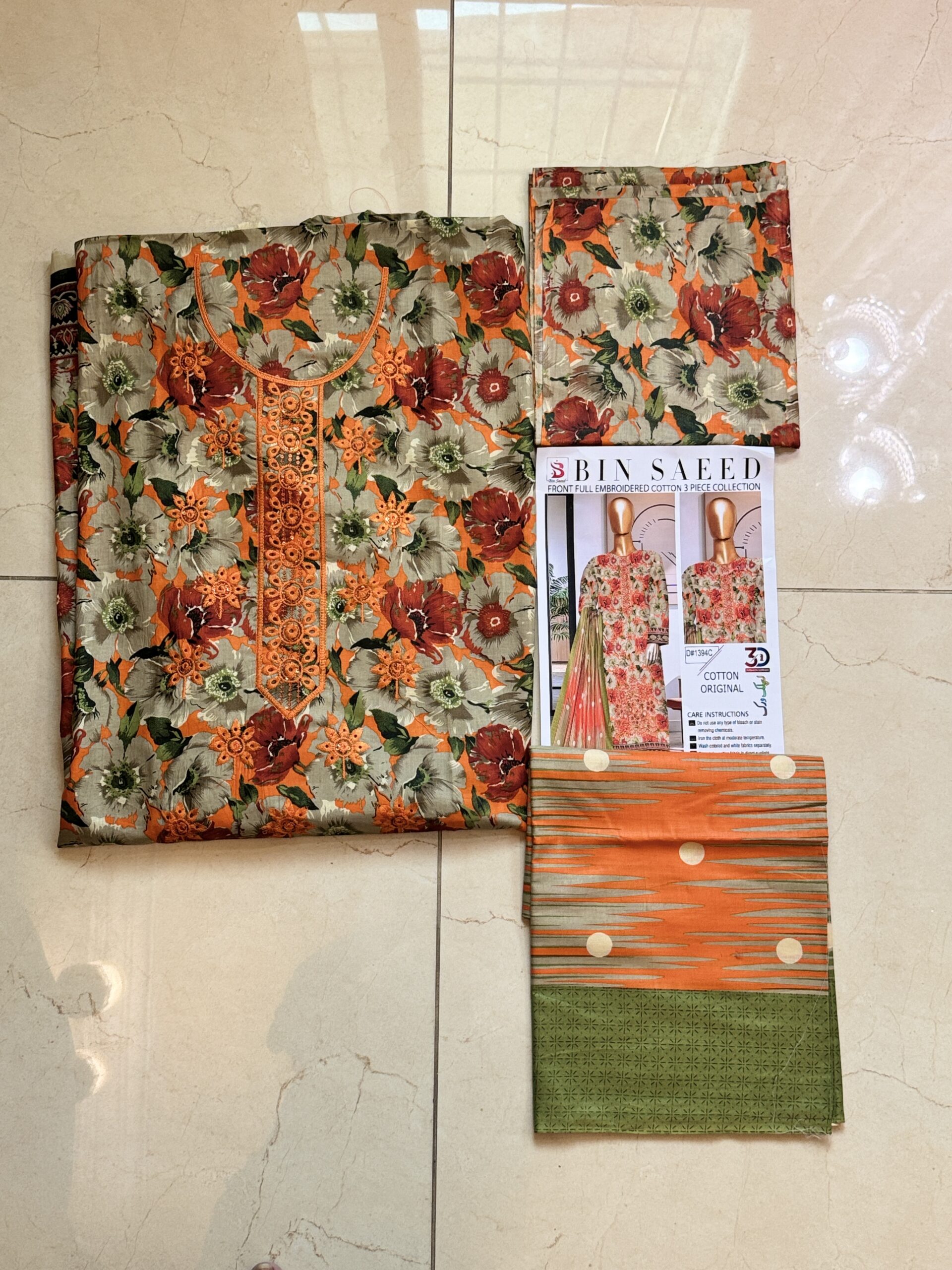 Bin Saeed Original 3-Piece Chickenkari Cotton Unstitched Suit (Floral Print with Embroidered Neckline) - Image 3