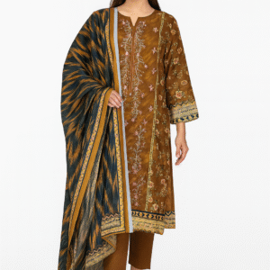 Linen Earthy Brown Floral Printed Stitched 3-Piece Suit