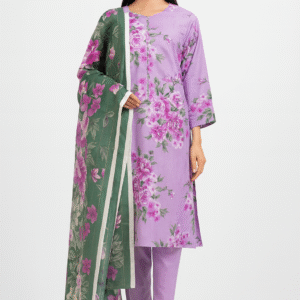 Linen Vibrant Lilac & Emerald Floral Print Stitched 3-Piece Suit