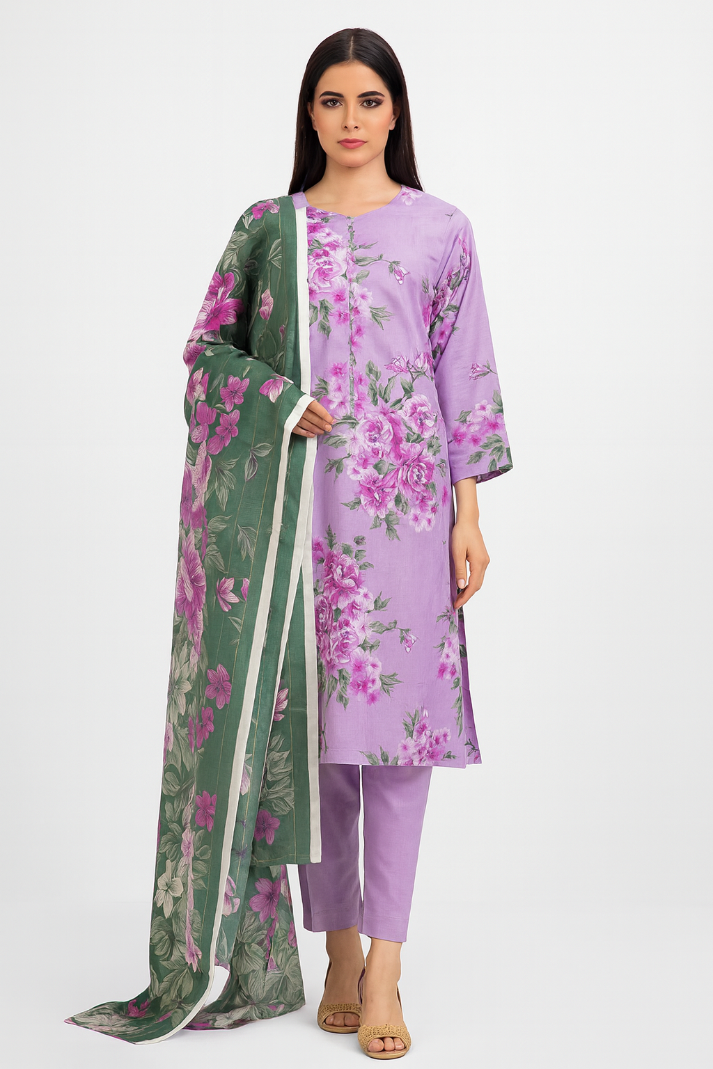 Linen Vibrant Lilac & Emerald Floral Print Stitched 3-Piece Suit