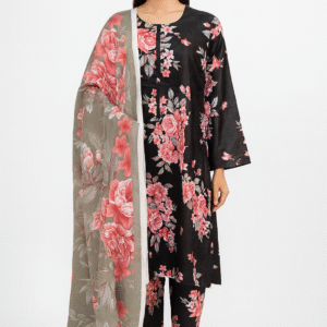 Linen Elegant Black Dusty Rose & Grey Floral Print Stitched 3-Piece Suit