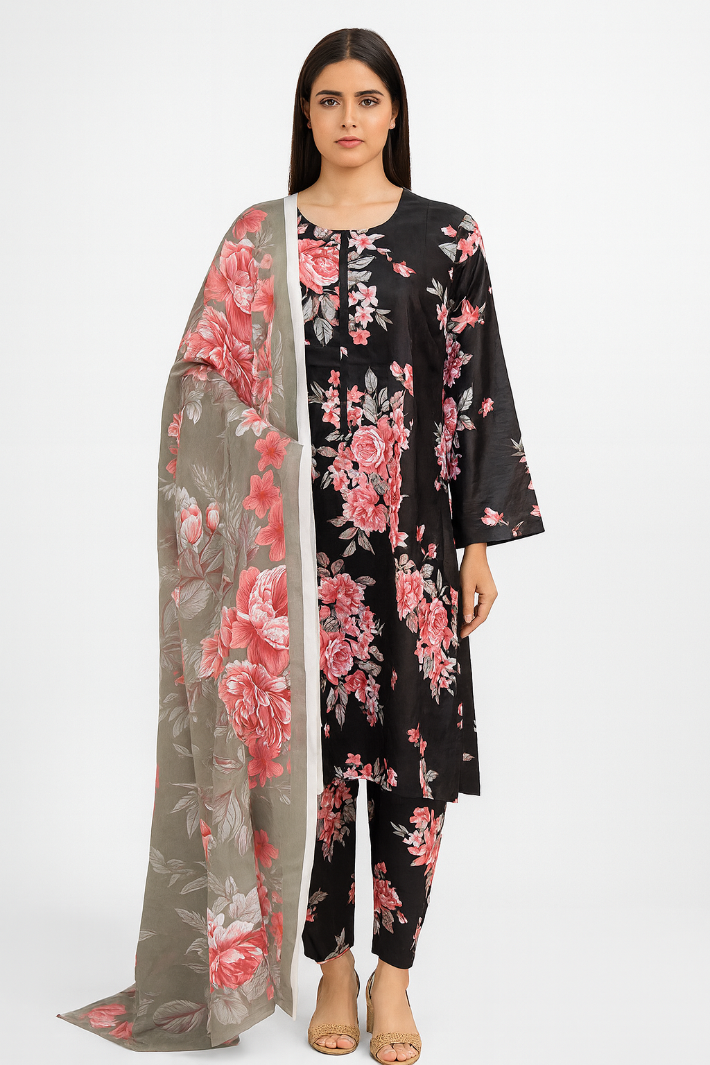 Linen Elegant Black Dusty Rose & Grey Floral Print Stitched 3-Piece Suit