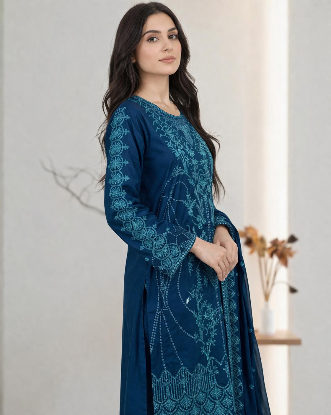 3 Piece Luxury Embroidered Cotton Suit (Unstitched) - Image 3