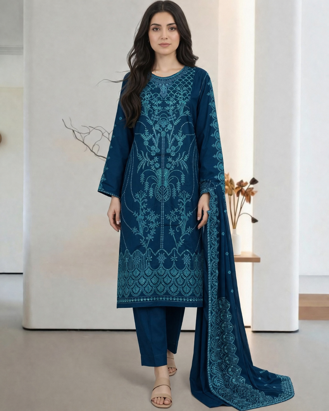 3 Piece Luxury Embroidered Cotton Suit (Unstitched) - Image 2