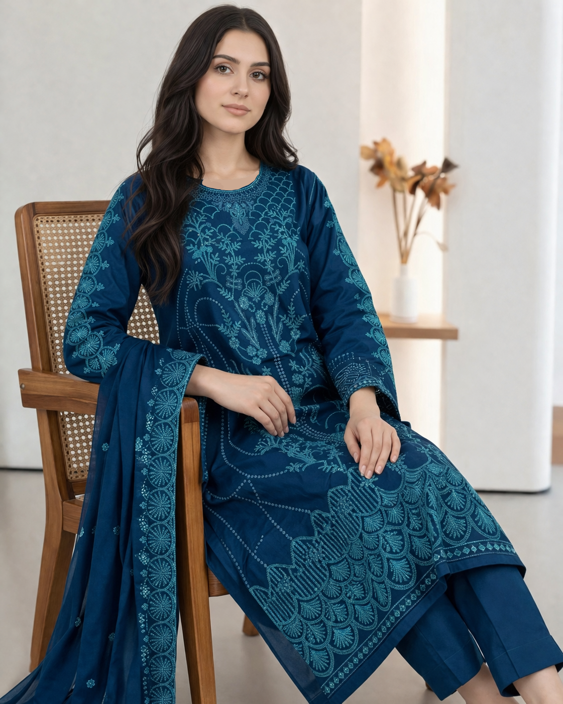 3 Piece Luxury Embroidered Cotton Suit (Unstitched)