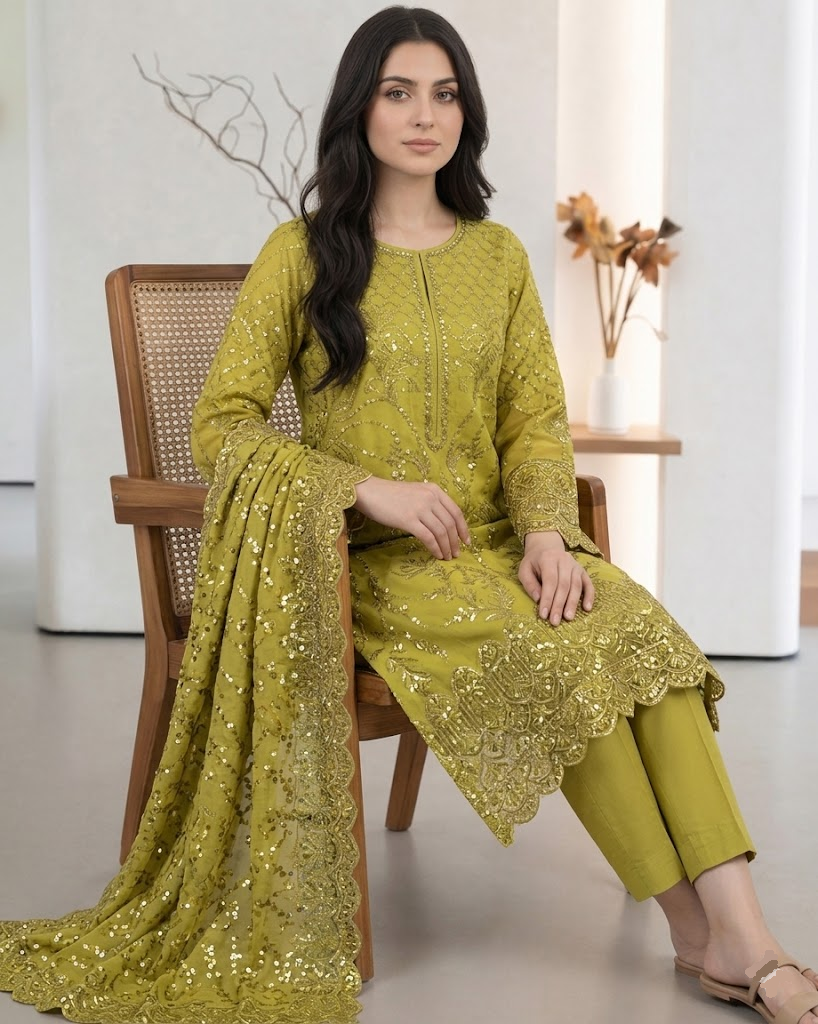 3 Piece Luxury Embroidered Cotton Suit (Unstitched) - Image 3