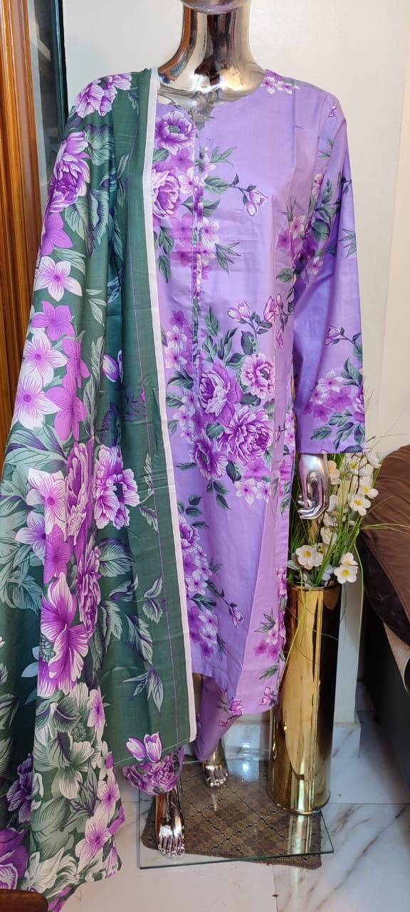 Linen Vibrant Lilac & Emerald Floral Print Stitched 3-Piece Suit - Image 2
