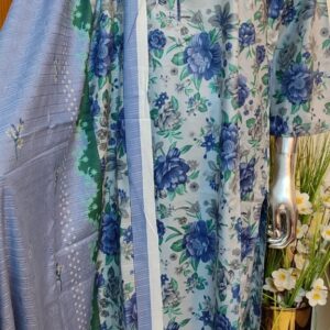 Linen Pastel Blue & Indigo Floral Printed Stitched 3-Piece Suit