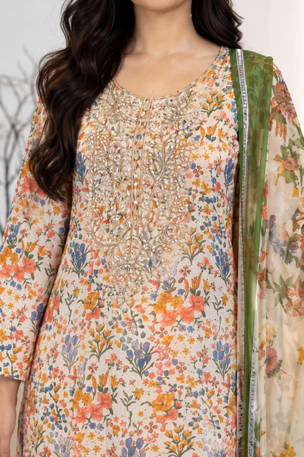 3 piece Lawn Embroidered Off White Floral Suit (Pret) - Image 3