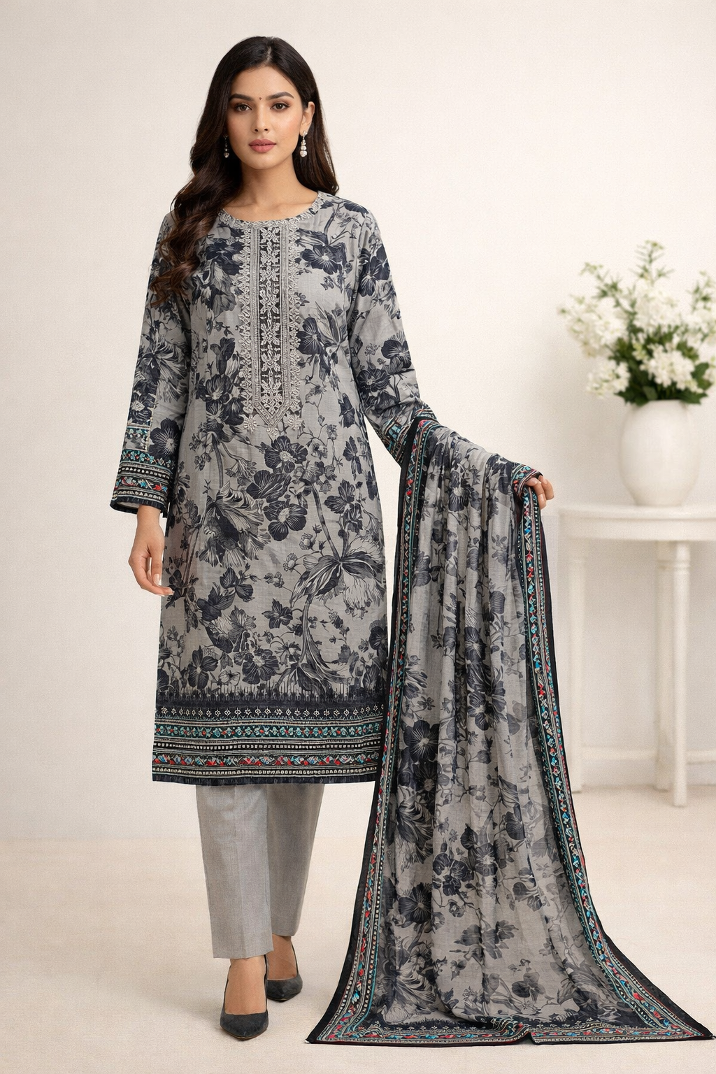 3 Piece Embroidered Lawn Suit (Unstitched)