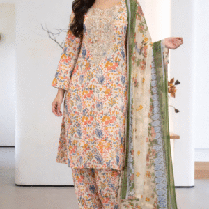 3 piece Lawn Embroidered Off White Floral Suit (Pret)