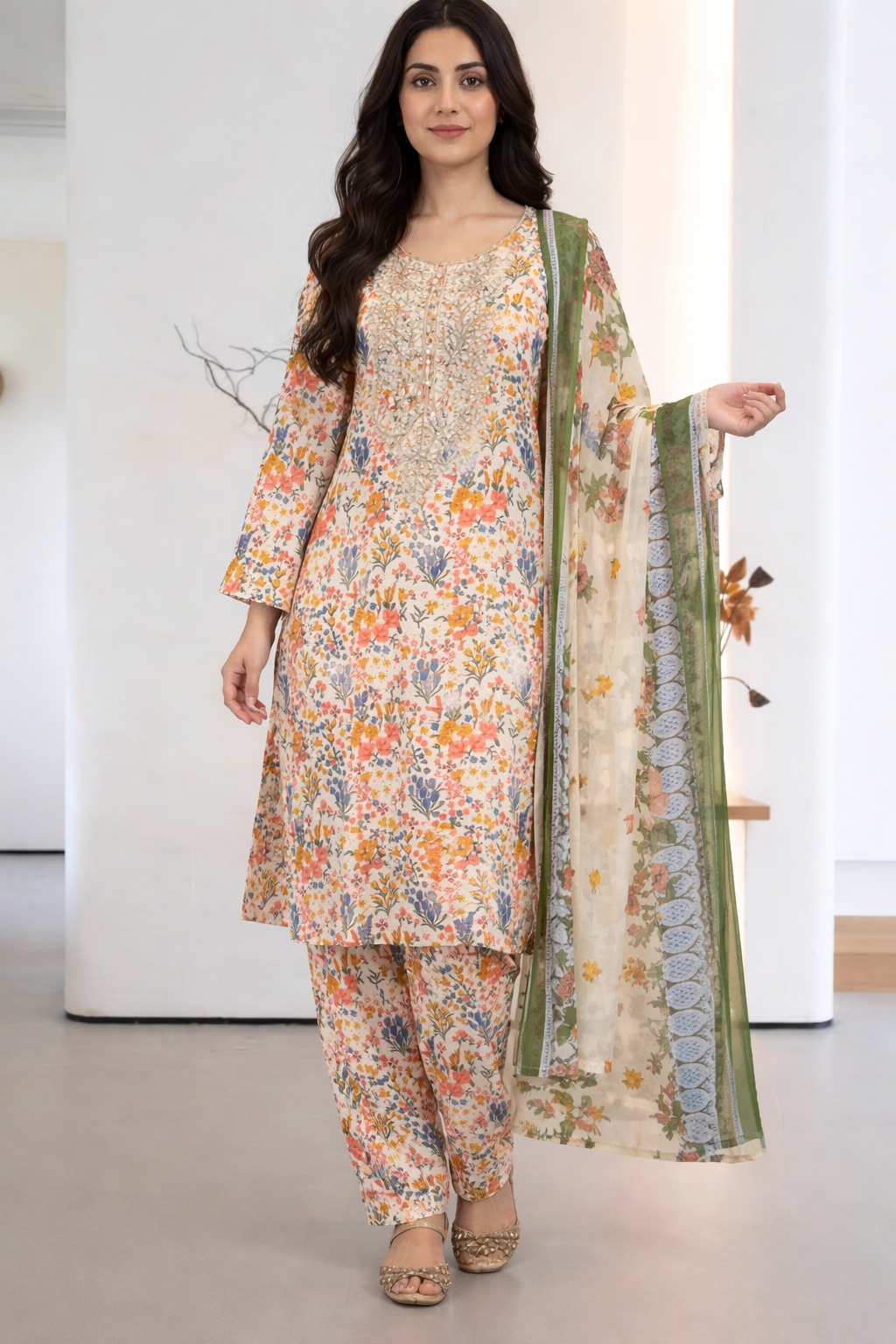 3 piece Lawn Embroidered Off White Floral Suit (Pret)