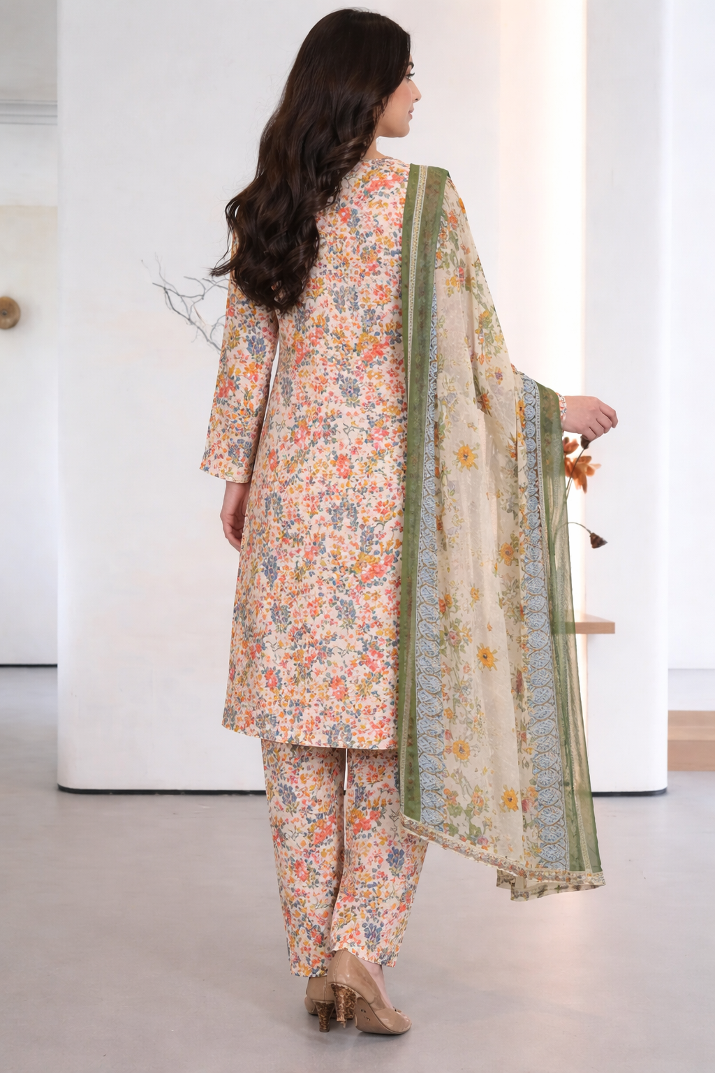 3 piece Lawn Embroidered Off White Floral Suit (Pret) - Image 2