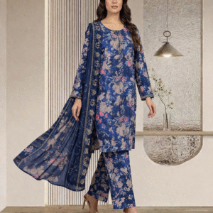 3 piece Lawn Embroidered Navy Blue Suit (Pret)