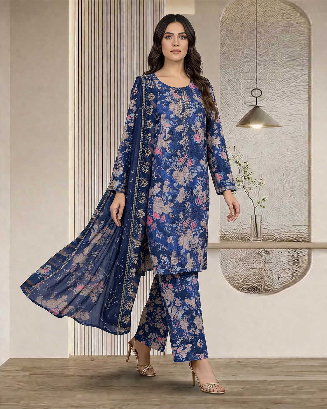 3 piece Lawn Embroidered Navy Blue Suit (Pret)