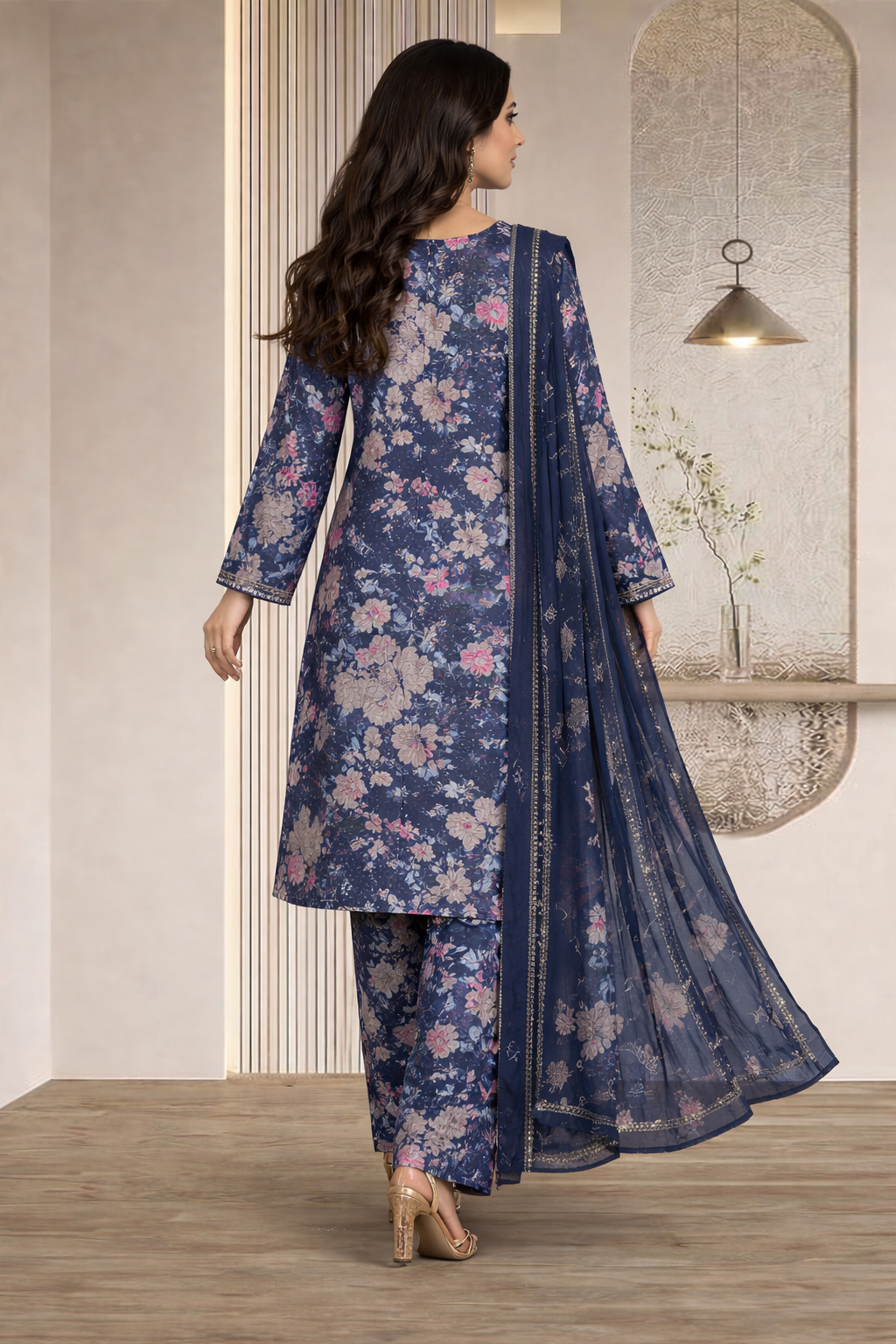 3 piece Lawn Embroidered Navy Blue Suit (Pret) - Image 2