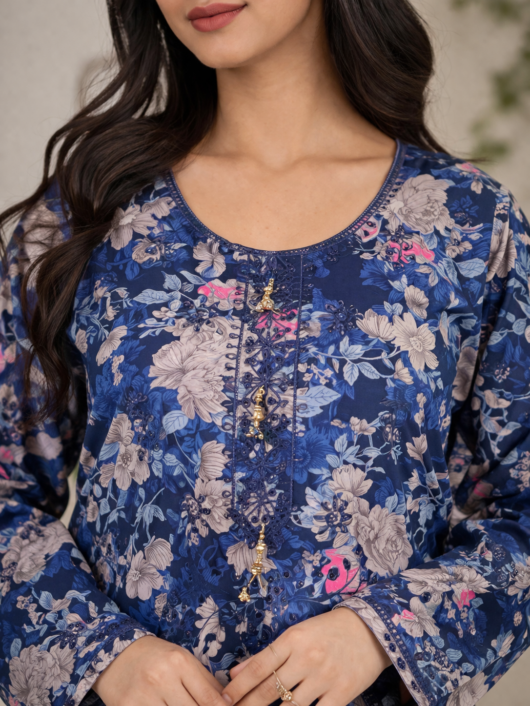 3 piece Lawn Embroidered Navy Blue Suit (Pret) - Image 3