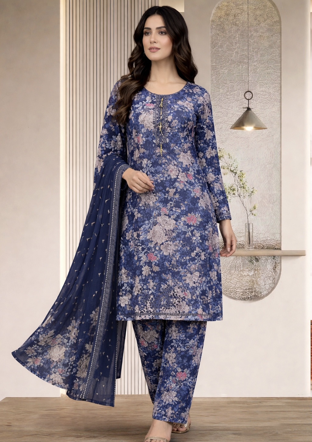 3 piece Lawn Embroidered Navy Blue Suit (Pret) - Image 4