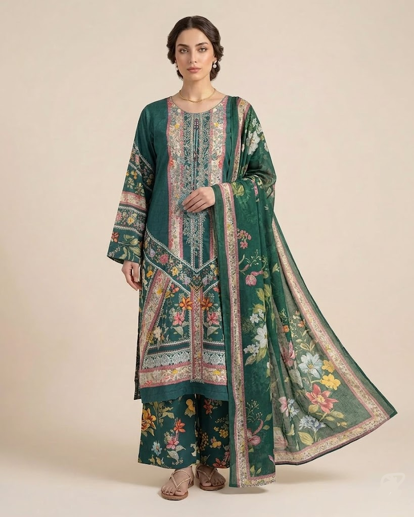 3 piece Lawn Embroidered Sea Green Suit (Pret)