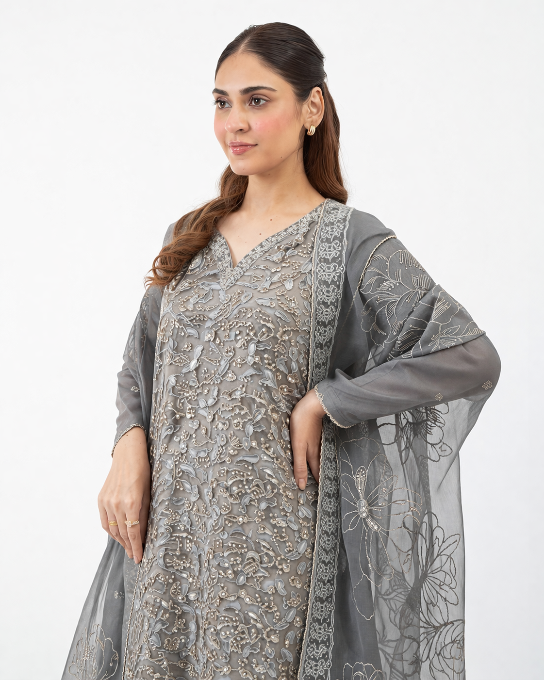 3 Piece Chiffon Embroidered Suit ( Unstitched ) - Image 2