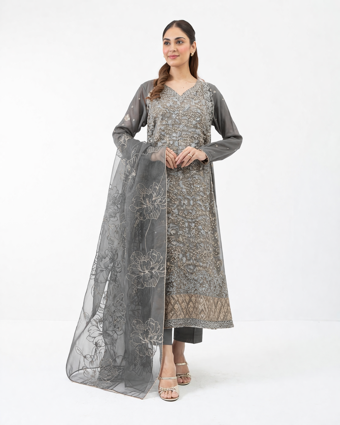3 Piece Chiffon Embroidered Suit ( Unstitched ) - Image 3