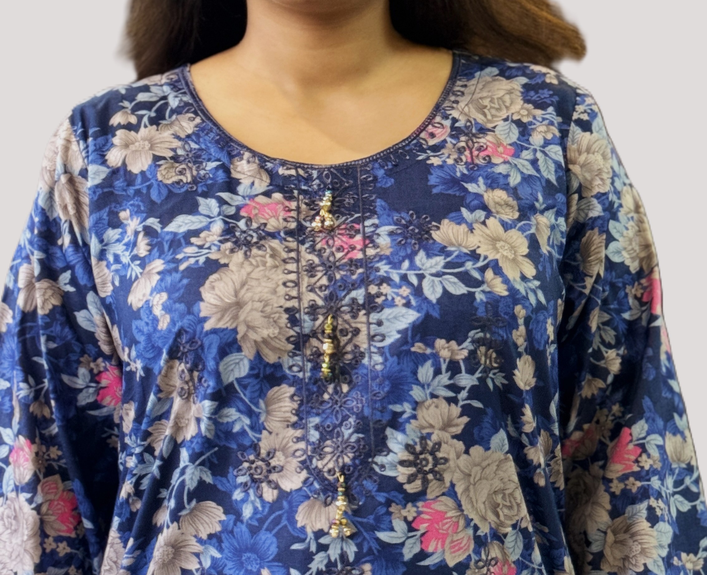 3 piece Lawn Embroidered Navy Blue Suit (Pret) - Image 3