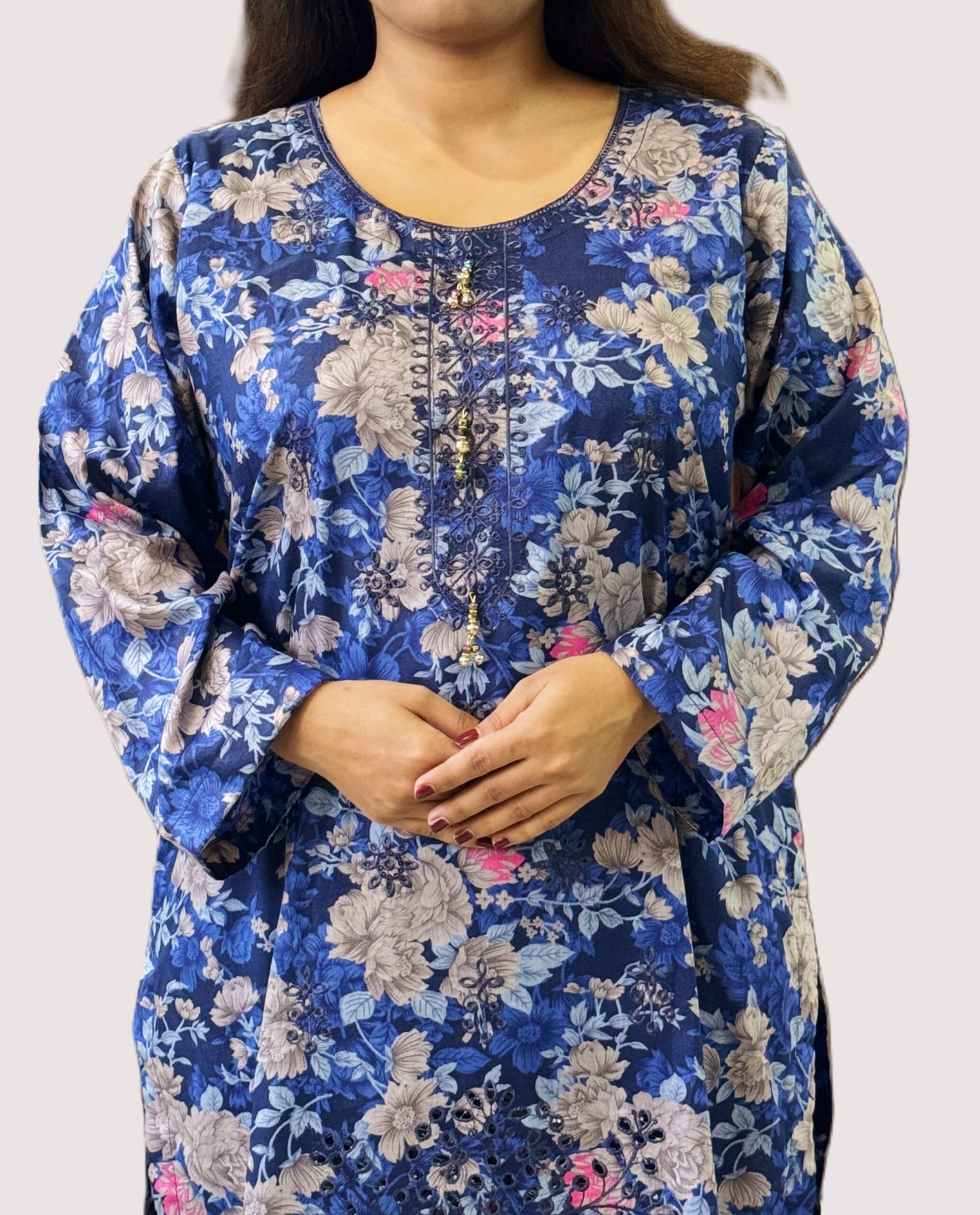 3 piece Lawn Embroidered Navy Blue Suit (Pret) - Image 2