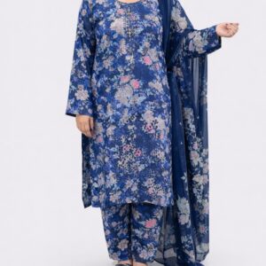 3 piece Lawn Embroidered Navy Blue Suit (Pret)