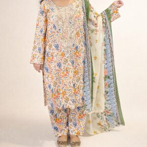 3 piece Lawn Embroidered Off White Floral Suit (Pret)